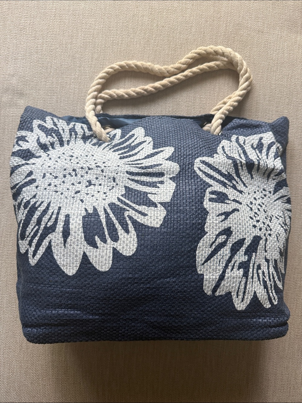 Navy Floral Rope-Handle Tote Bag